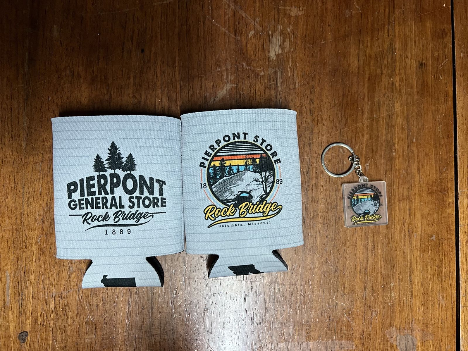 Gray Pierpont can coolers and a Rock Bridge keychain